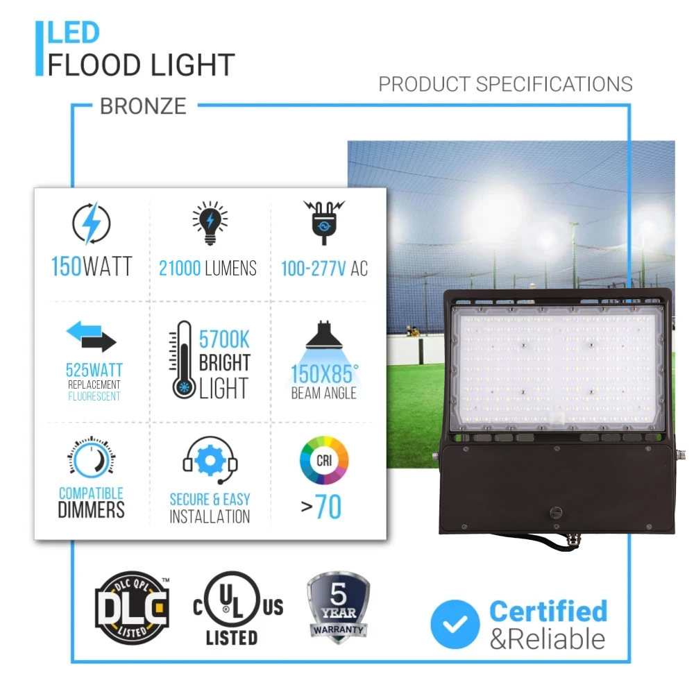 150 Watt LED Flood Light, 5700K, AC120-277V, Bronze, Dimmable, Outdoor Lighting, IP65 Waterproof LED Security Area Lights for Yard, Parking Lot, Playground & Stadium Lights