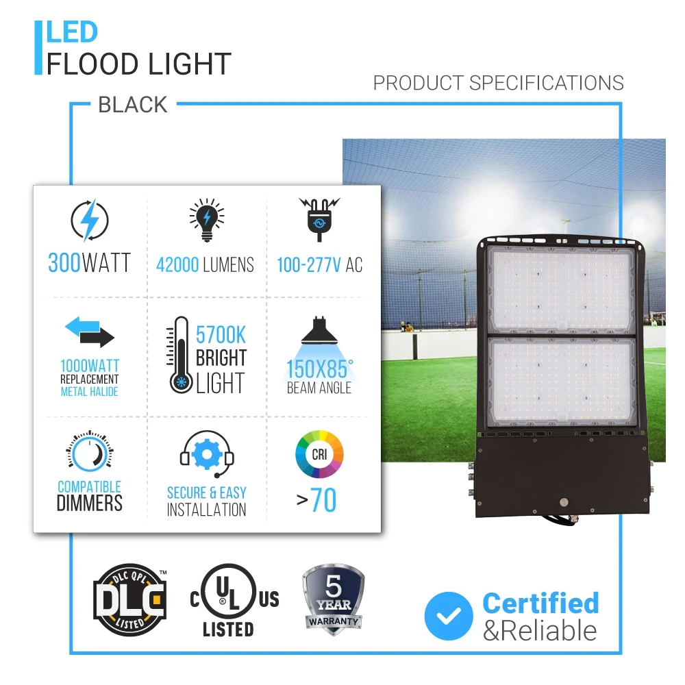 300 Watt LED Flood Light, 5700K, AC120-277V, Black, Dimmable, IP65, Floodlight for Outdoor Security, Backyard |Court|Stadium|Basket Ball Court|Alleys Lighting
