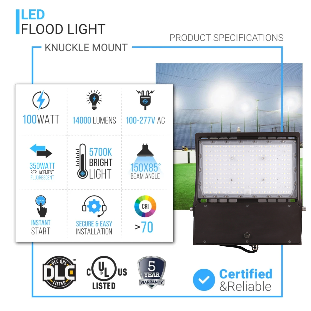 100W LED Flood Light Outdoor, 5700K, 14000LM, AC100-277V, Dimmable, UL –  LEDMyPlace
