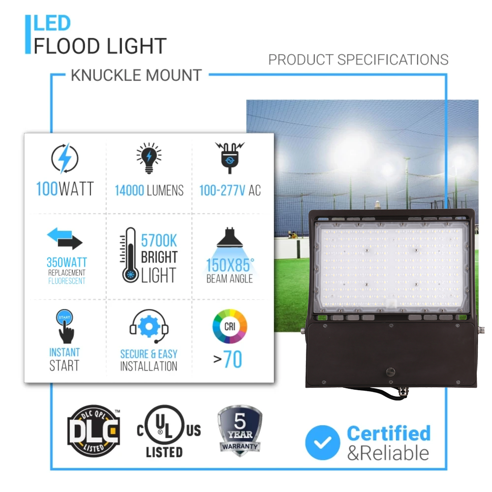 100W LED Flood Light Outdoor, 5700K, 14000LM, AC100-277V, Dimmable, UL DLC Listed, Bronze, Security Lights, IP65 Waterproof, Outdoor Floodlights for Yard, Garden, Playground, Basketball Court