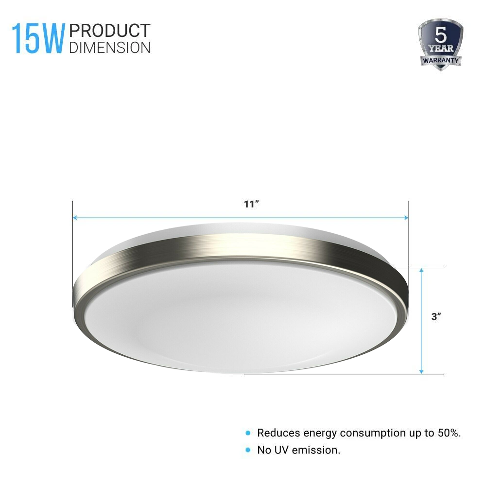 11 in. Round Brushed Nickel Dimmable Flush Mount Ceiling Light, Single Ring, 1050 Lumens, Power 15W, 3 Color Switchable (3000K/4000K/5000K)