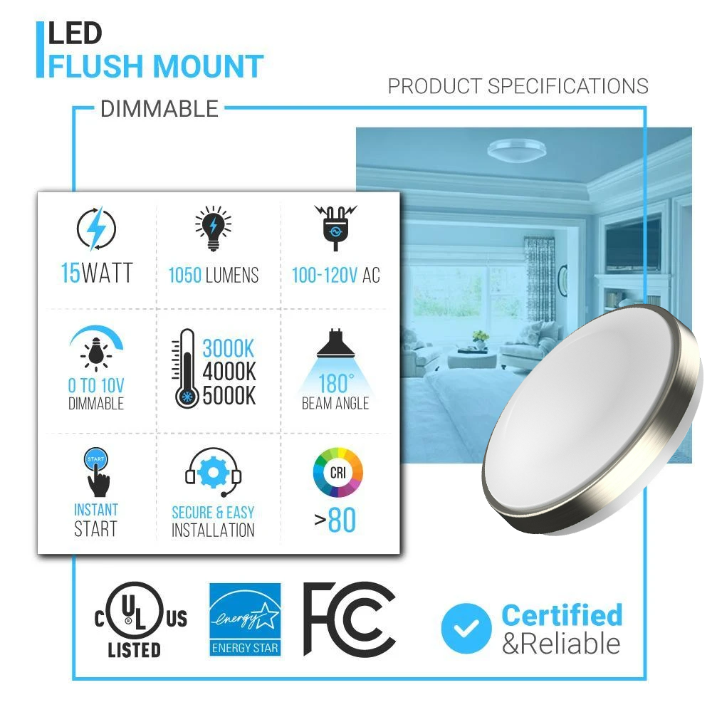 11 in. Round Brushed Nickel Dimmable Flush Mount Ceiling Light, Single Ring, 1050 Lumens, Power 15W, 3 Color Switchable (3000K/4000K/5000K)