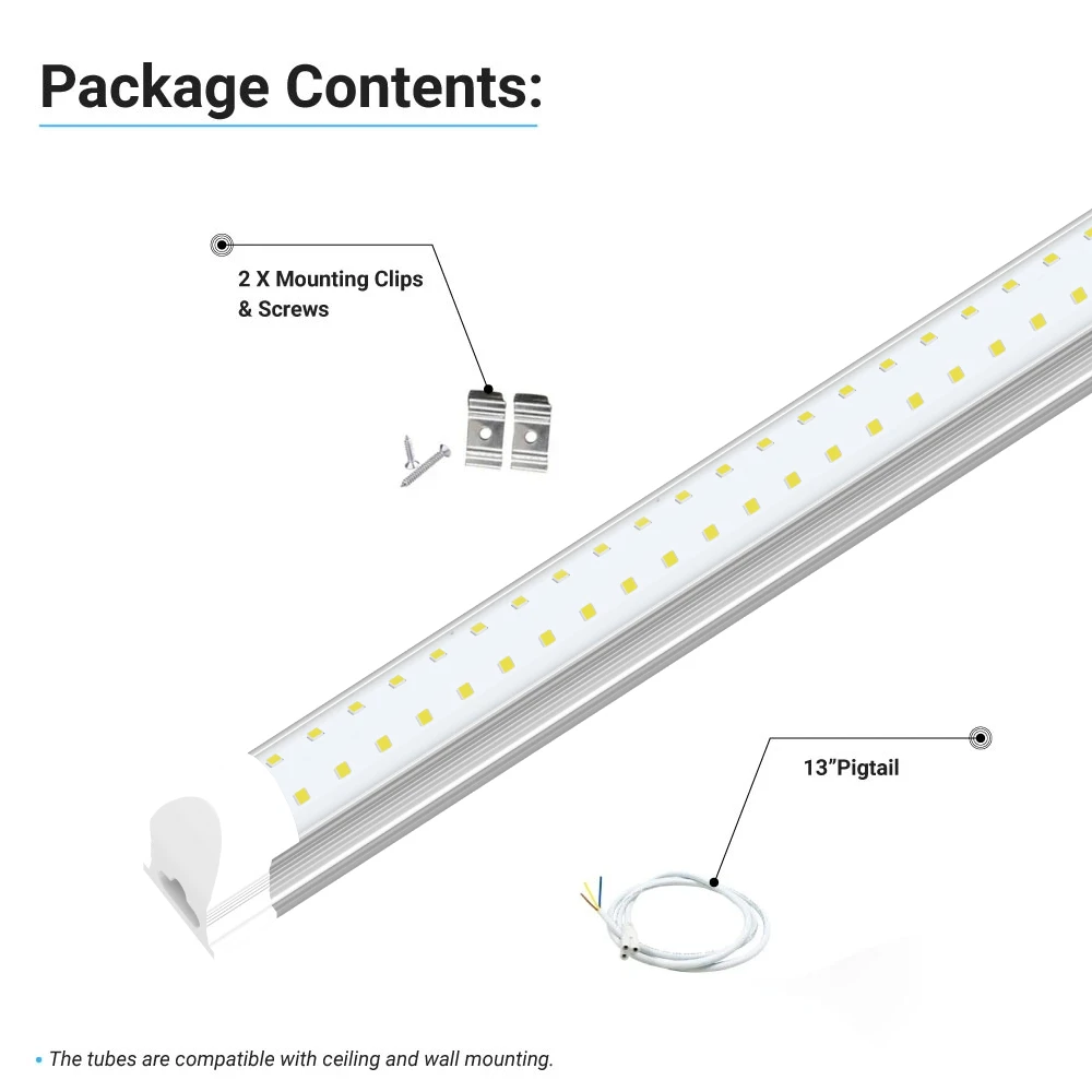 2ft T8 Integrated LED Tube Light, 2 Row Flat, 10W, 6500K, 1200LM, Clear, AC 100-277V, Linkable, Plug & Play, 180° Beam angle