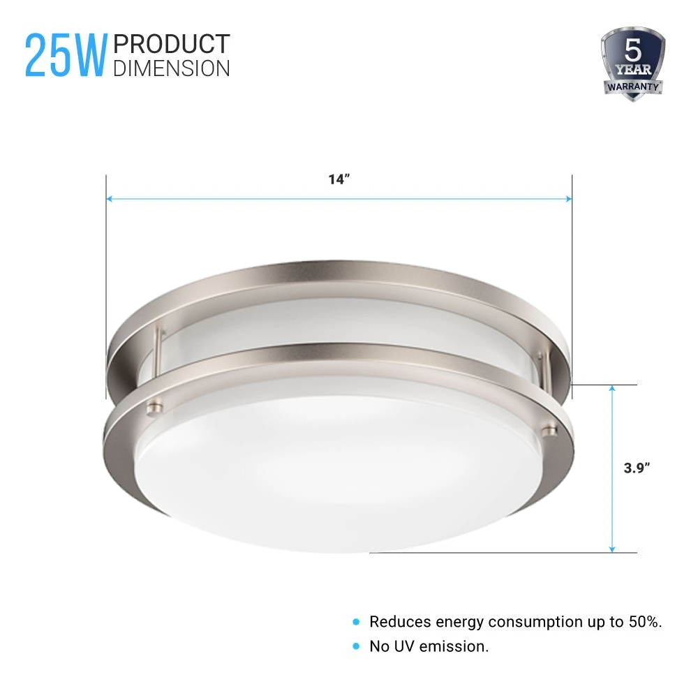 14 inch Dimmable LED Flush Mount Ceiling Lights, Double Ring, 25W,1750 Lumens, 3000K/4000K/5000K Switchable Ceiling Lights, Brushed Nickel Finish Steel, For Hallway Kitchen Stairwell, ETL Listed