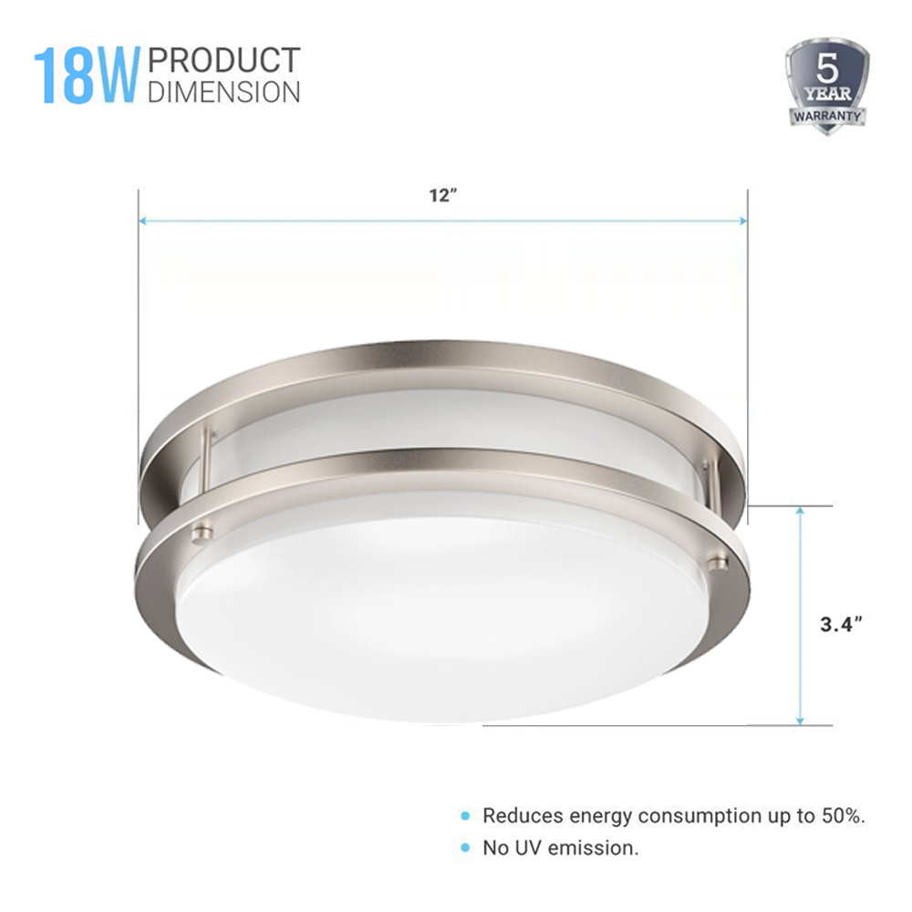 12 Inch Dimmable LED Flush Mount Ceiling Lights, Double Ring, 18W 1050LM, 3000K/4000K /5000K Changeable Ceiling Lights, Brushed Nickel Finish Ceiling Lamp For Kitchen Hallway Bedroom Laundry