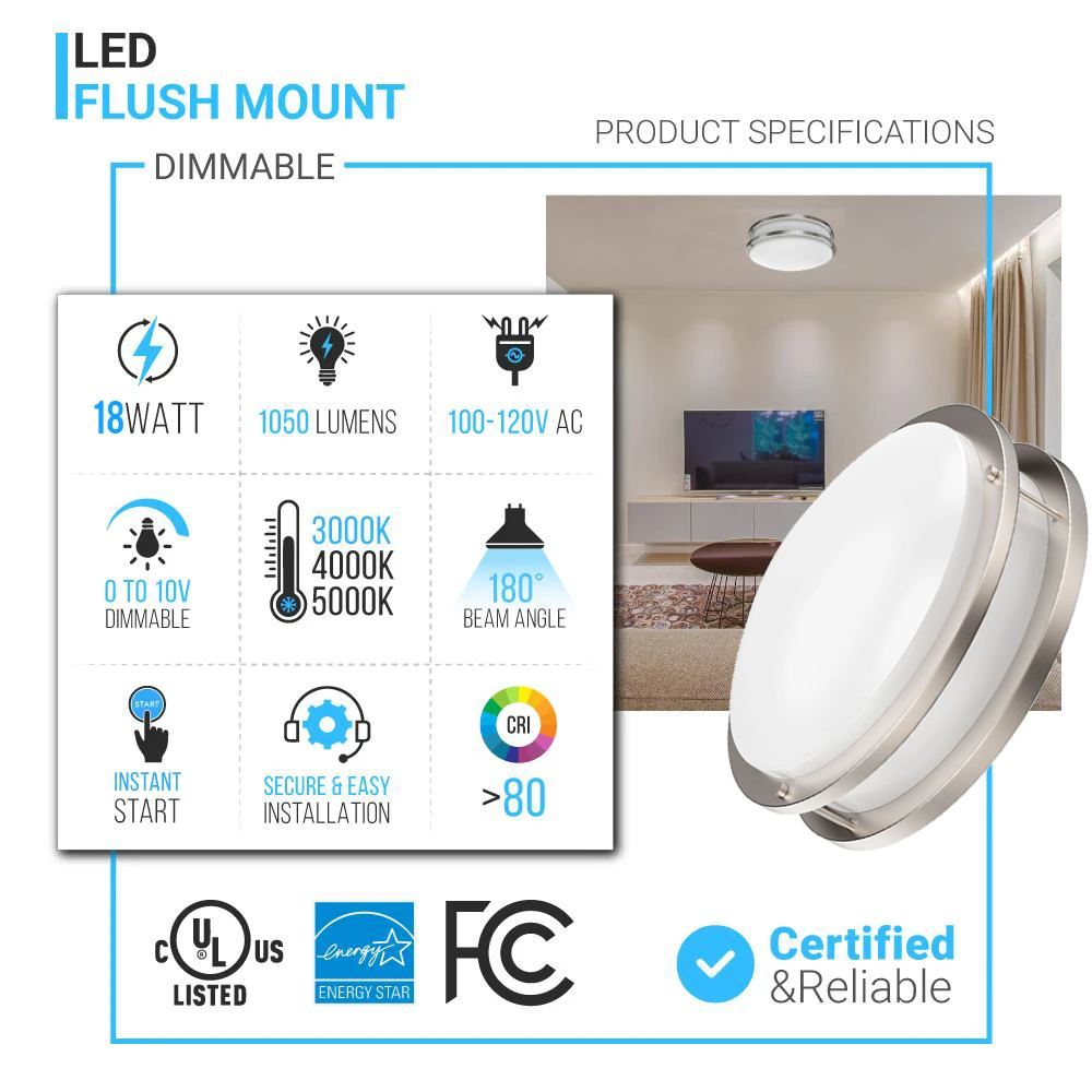 12 Inch Dimmable LED Flush Mount Ceiling Lights, Double Ring, 18W 1050LM, 3000K/4000K /5000K Changeable Ceiling Lights, Brushed Nickel Finish Ceiling Lamp For Kitchen Hallway Bedroom Laundry