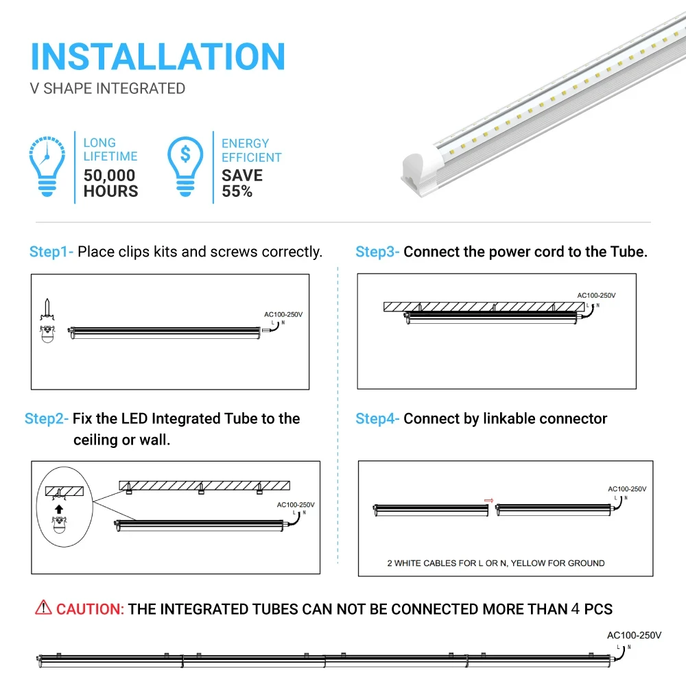 T8 8ft Integrated LED Tube Light 60W V Shape 6500K Clear, ETL Listed, Plug and Play, Linkable T8 8ft LED Bulbs for Garage, Warehouse, Shop