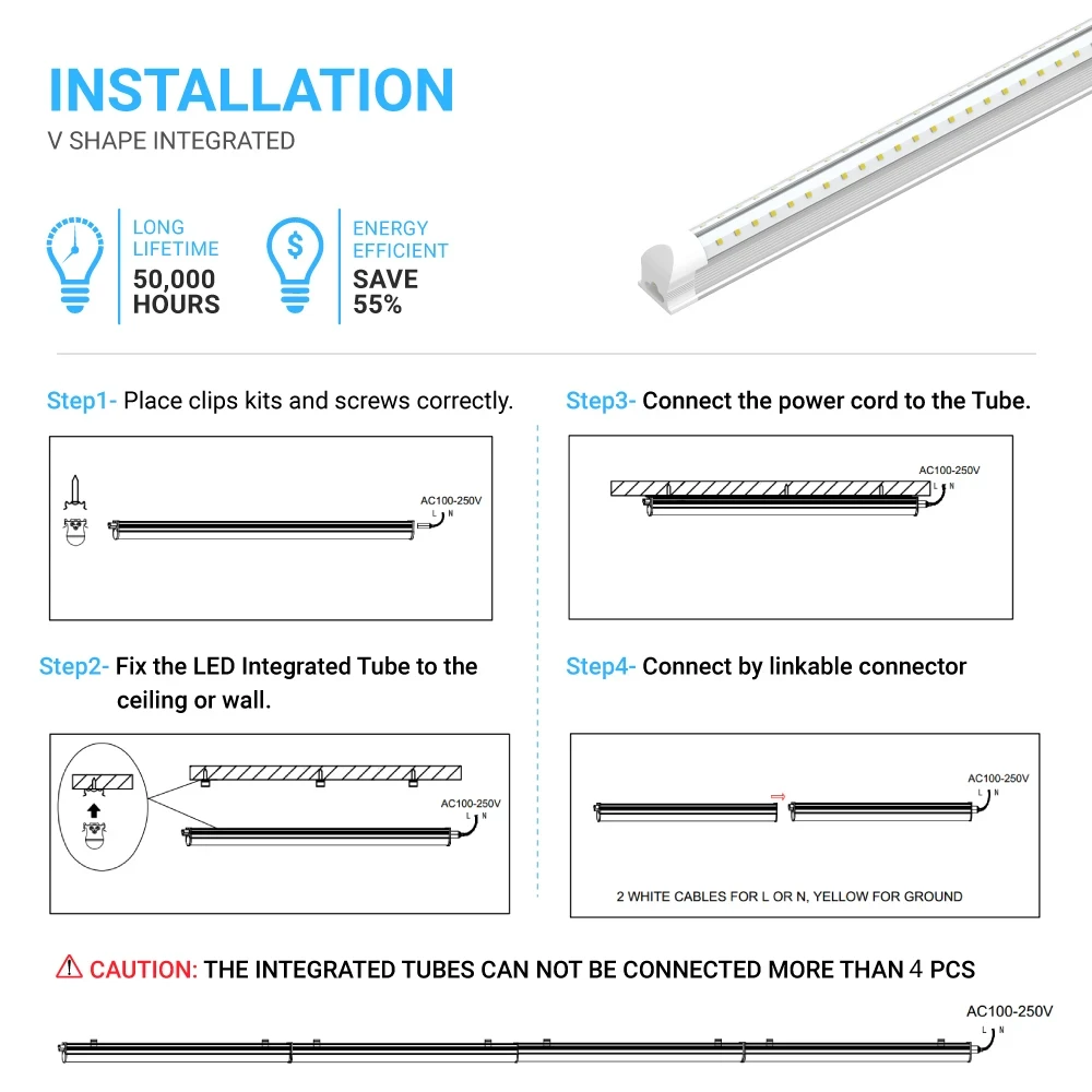 T8 4ft Integrated LED Tube Light 22W V Shape 2 Row 6500K Clear, Linkable, Plug and Play, 4ft LED Shop Light