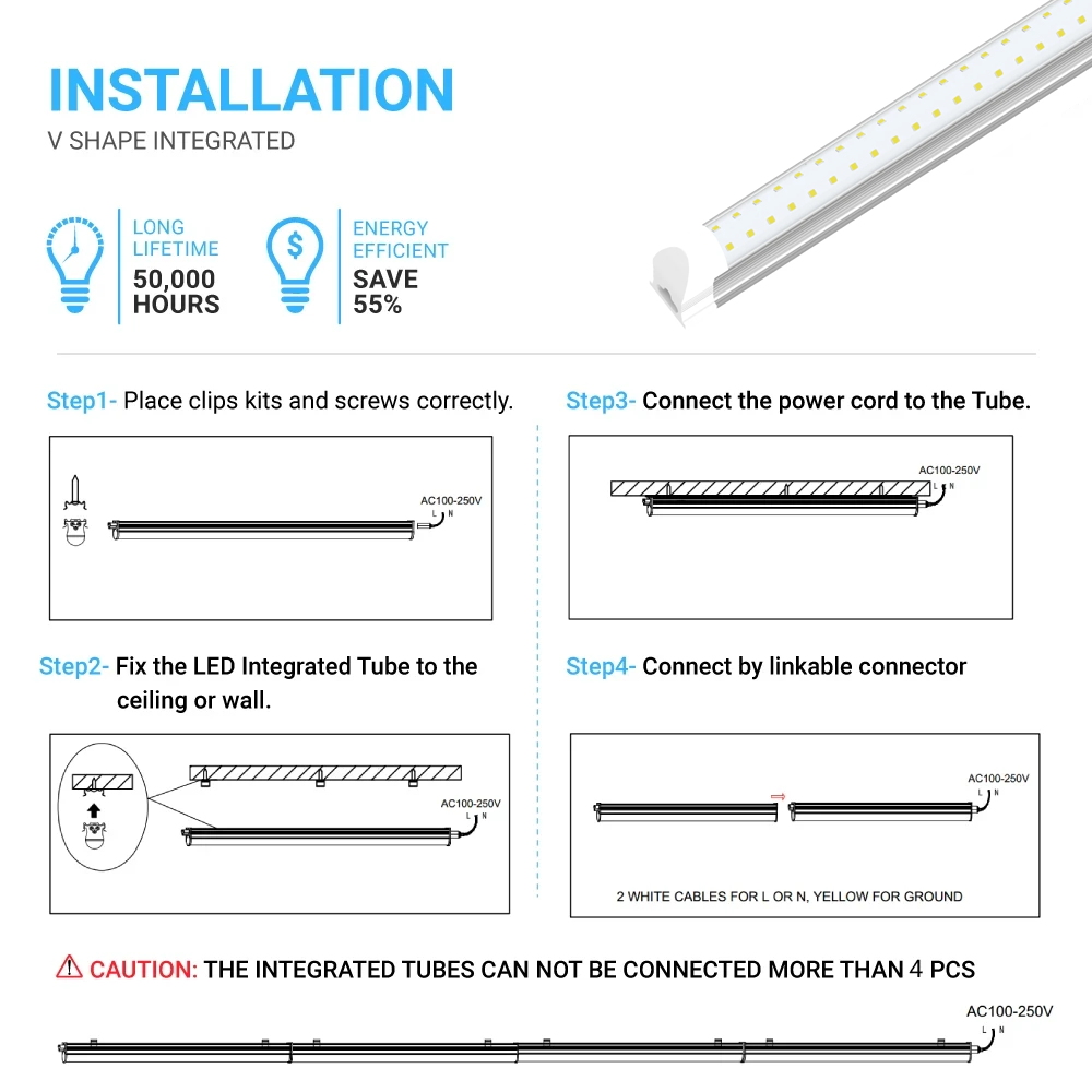 2ft T8 Integrated LED Tube Light, 2 Row Flat, 10W, 6500K, 1200LM, Clear, AC 100-277V, Linkable, Plug & Play, 180° Beam angle