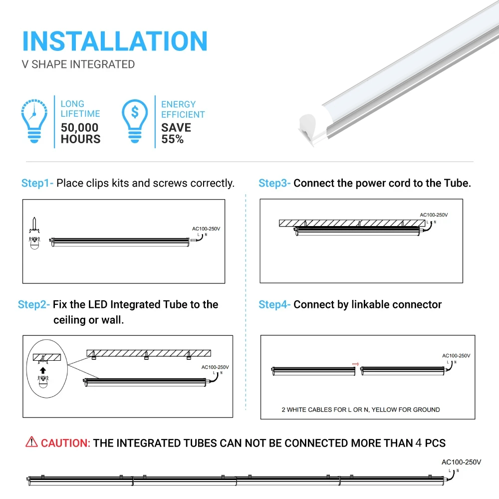 T8 8ft Integrated LED Tube Light 60W V-Shape 5000K Daylight White, Frosted, 8 Foot Plug and Play Linkable LED Shop Lights, Damp Location