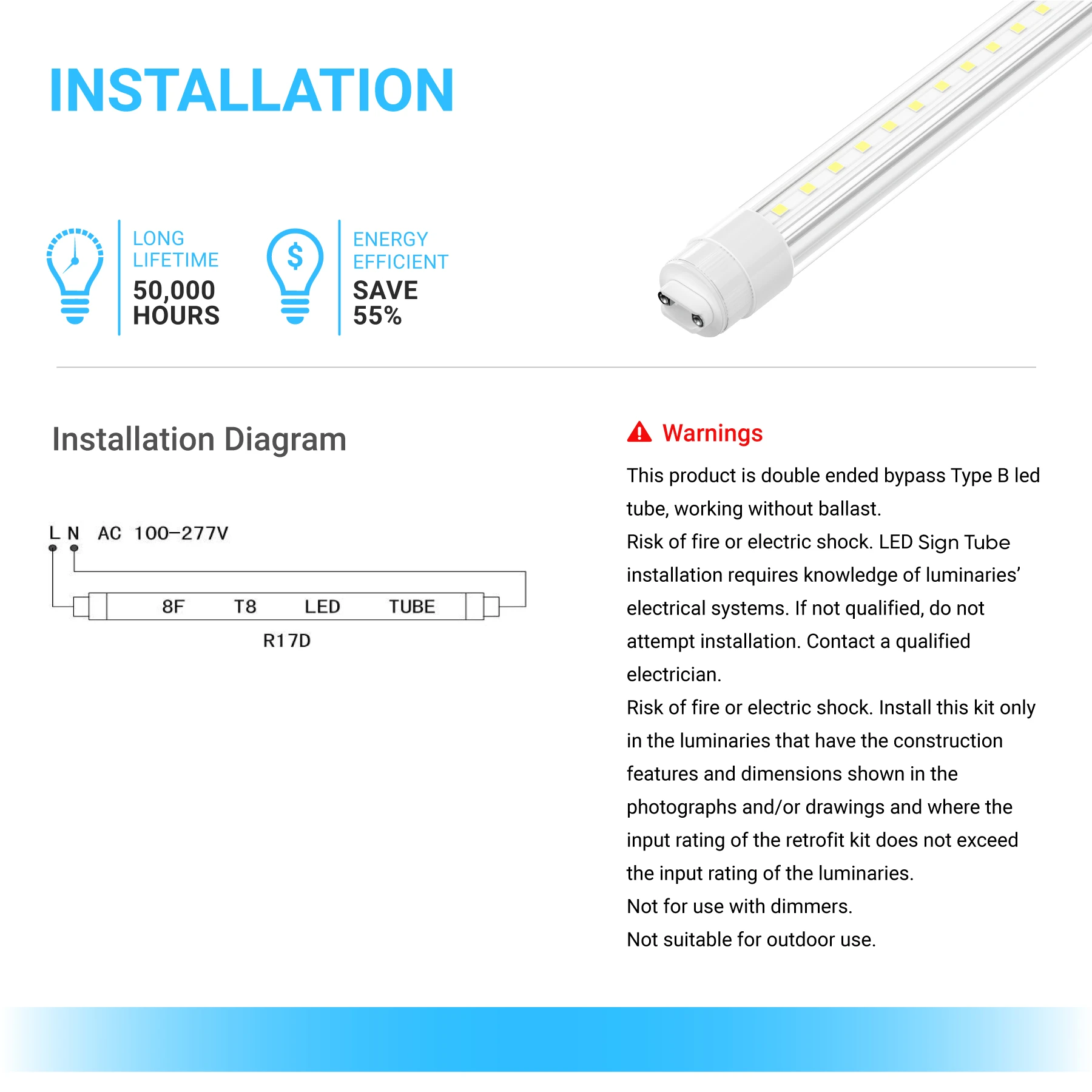 T8 LED Sign Tubes with R17 Base, Work without Ballast, 360 Degree Advertisement Lighting, LED Outdoor Tubes For Double Sided Signs