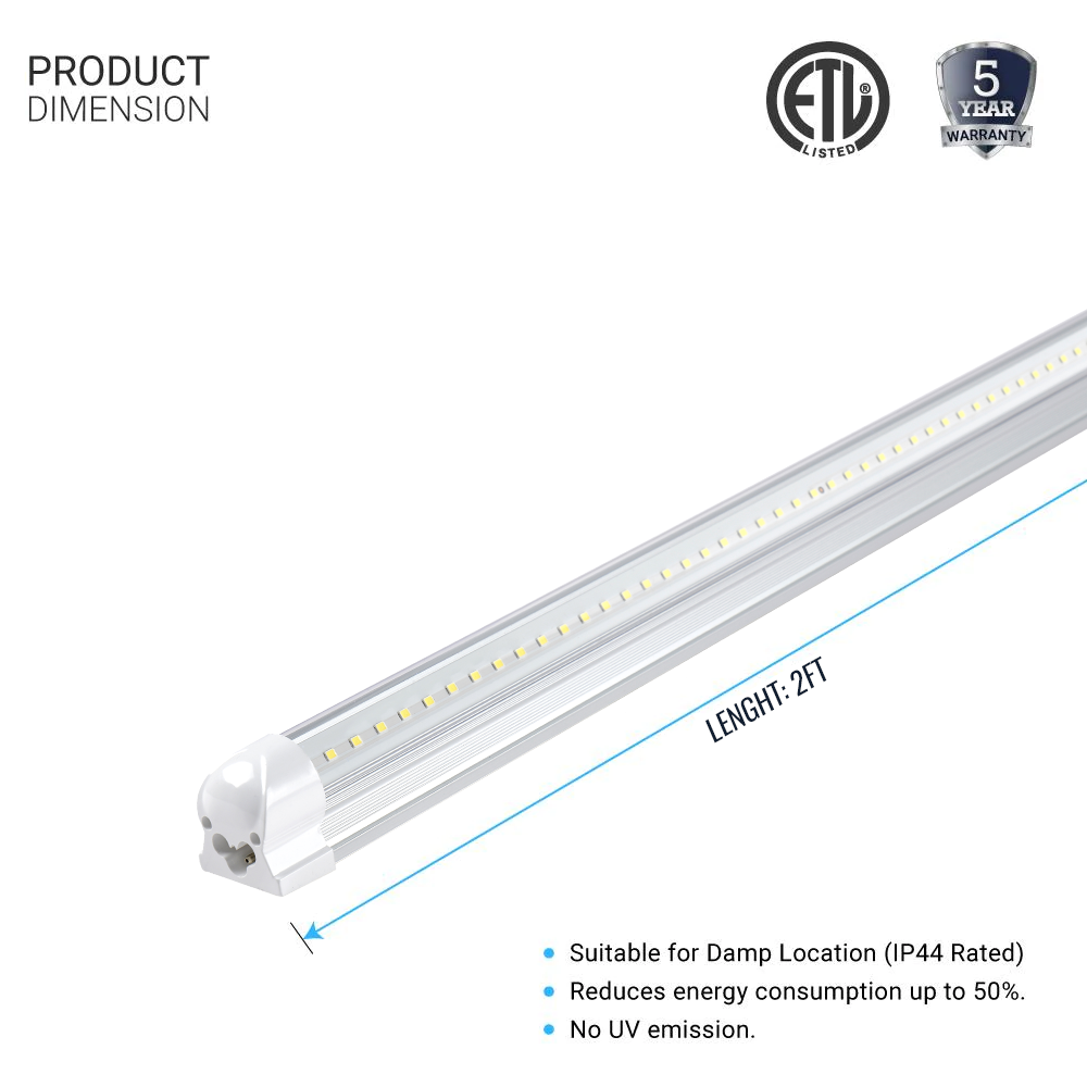 2FT LED Shop Light, V Shape Integrated T8 LED Tube Light 2FT, 18W, 6500K, 2520LM, Clear, AC100-277V, Plug and Play, Linkable, ETL UL Listed