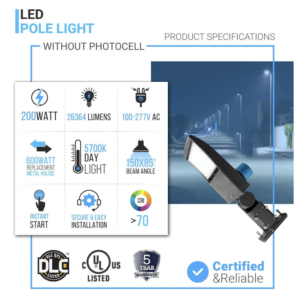 200W LED Pole Light with Dusk to Dawn Photocell, 5700K, Universal Mount, Bronze, IP65 Waterproof, AC120-277V, LED Parking Lot Lights - Outdoor Commercial Area Street Lighting
