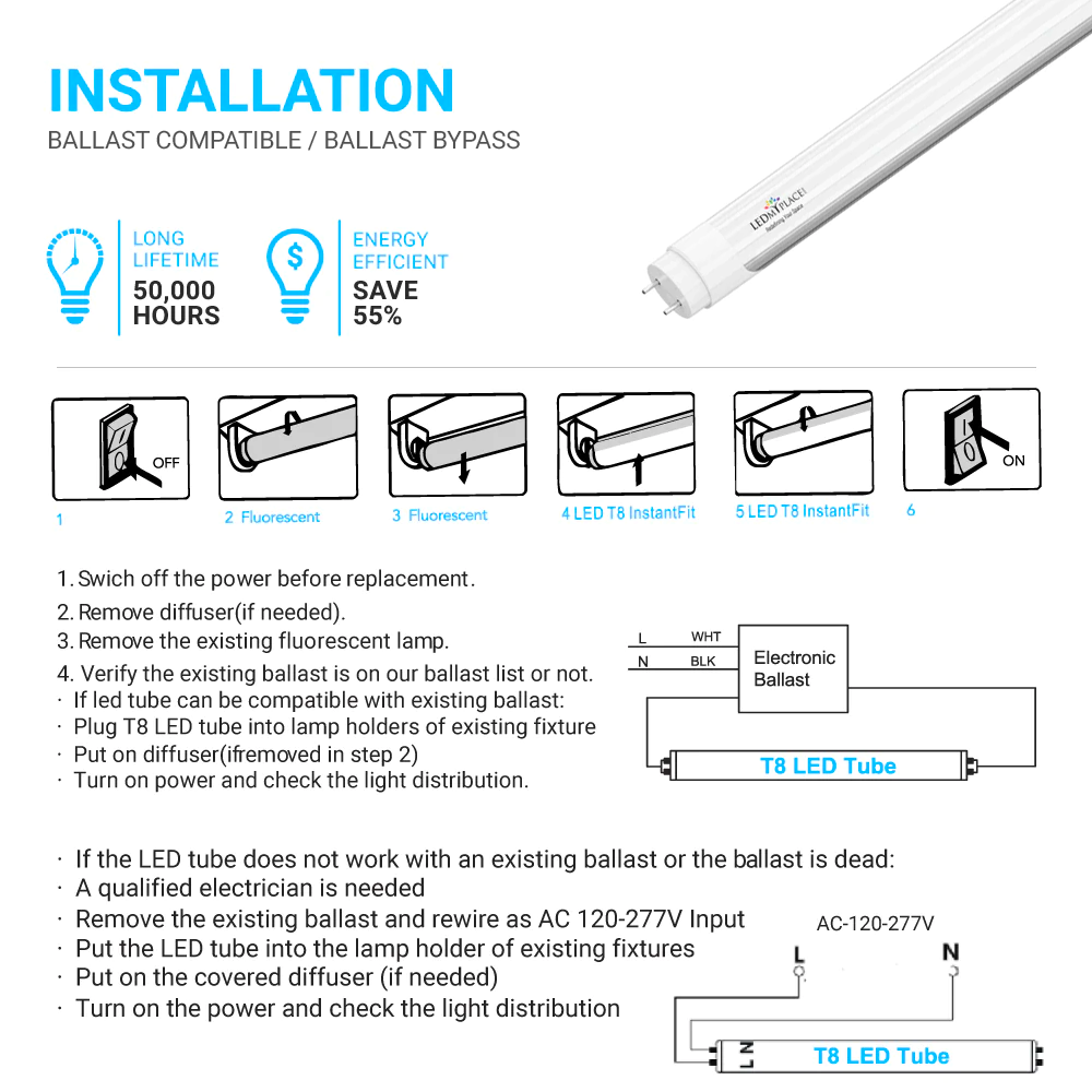 Hybrid T8 4ft LED Tube/Bulb - 20W 2800 Lumens 5000K Clear, Single End/Double End Power - Ballast Compatible or Bypass (Check Compatibility List)
