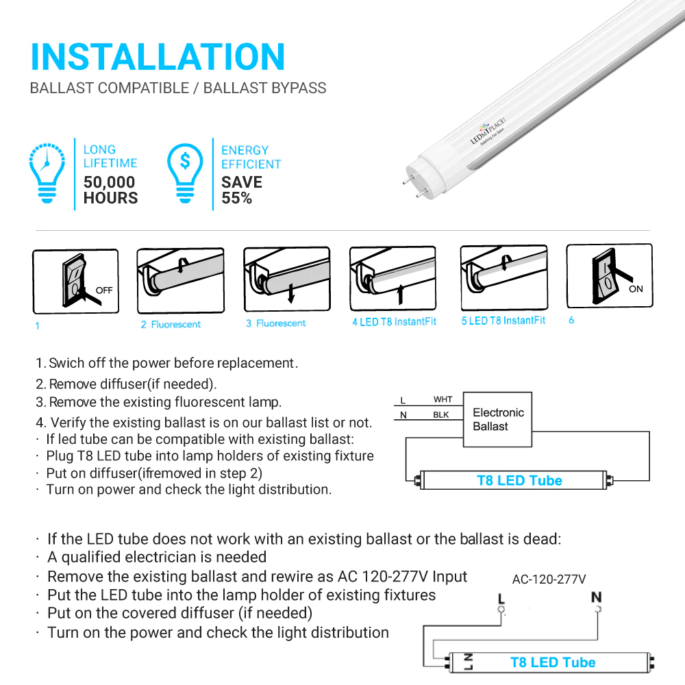 Hybrid T8 4ft LED Tube/Bulb - 22w/18w/15w/12w Wattage Adjustable, 130lm/w, 3000k/4000k/5000k/6500k CCT Changeable, Frosted, Base G13, Single End/Double End Power - Ballast Compatible or Bypass