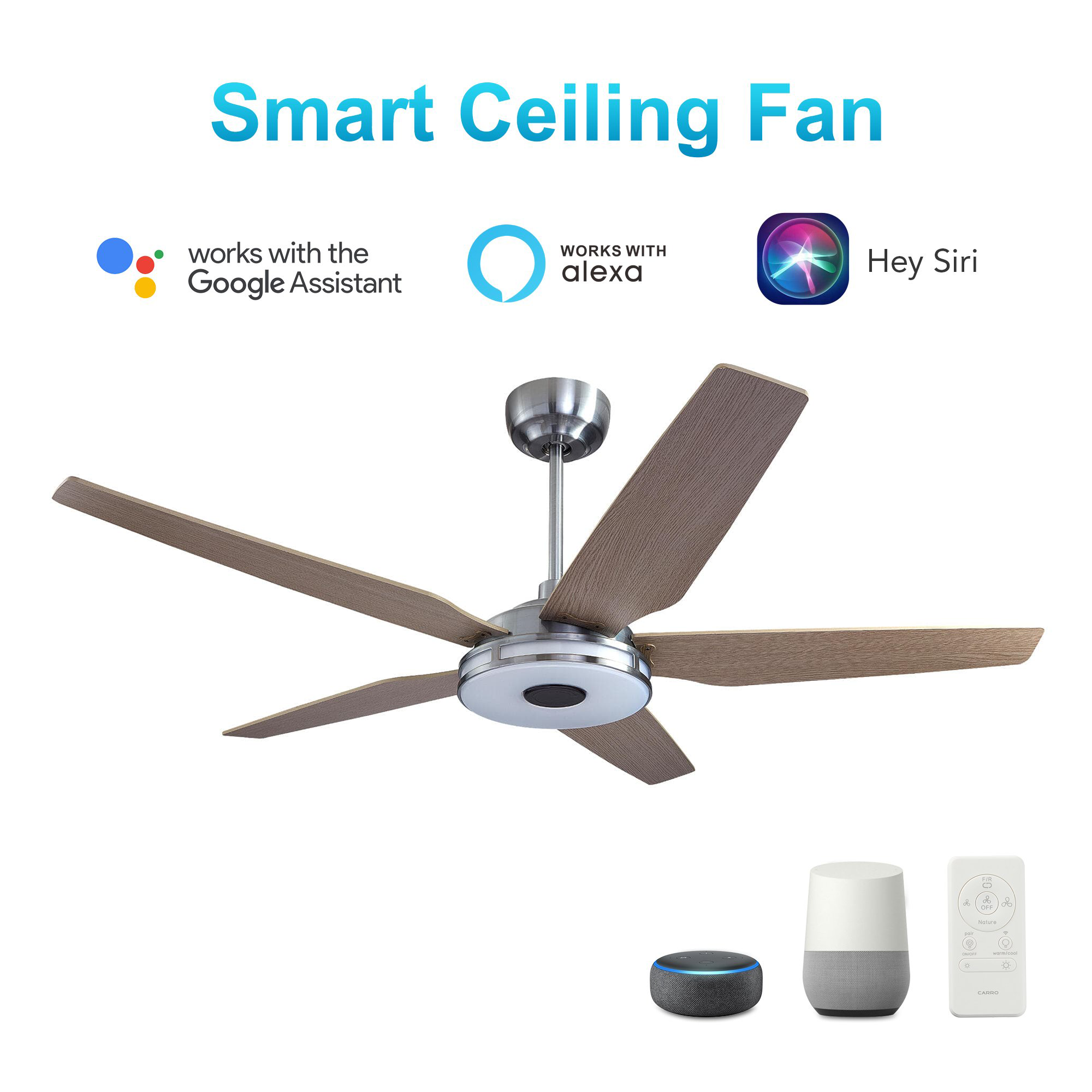 Explorer 52 In. Indoor/outdoor Best Smart Ceiling Fan with Dimmable Led Light, Remote Control, Works W/ Alexa/Google Home/Siri, Silver/light Wooden Pattern ( 5-Blade)