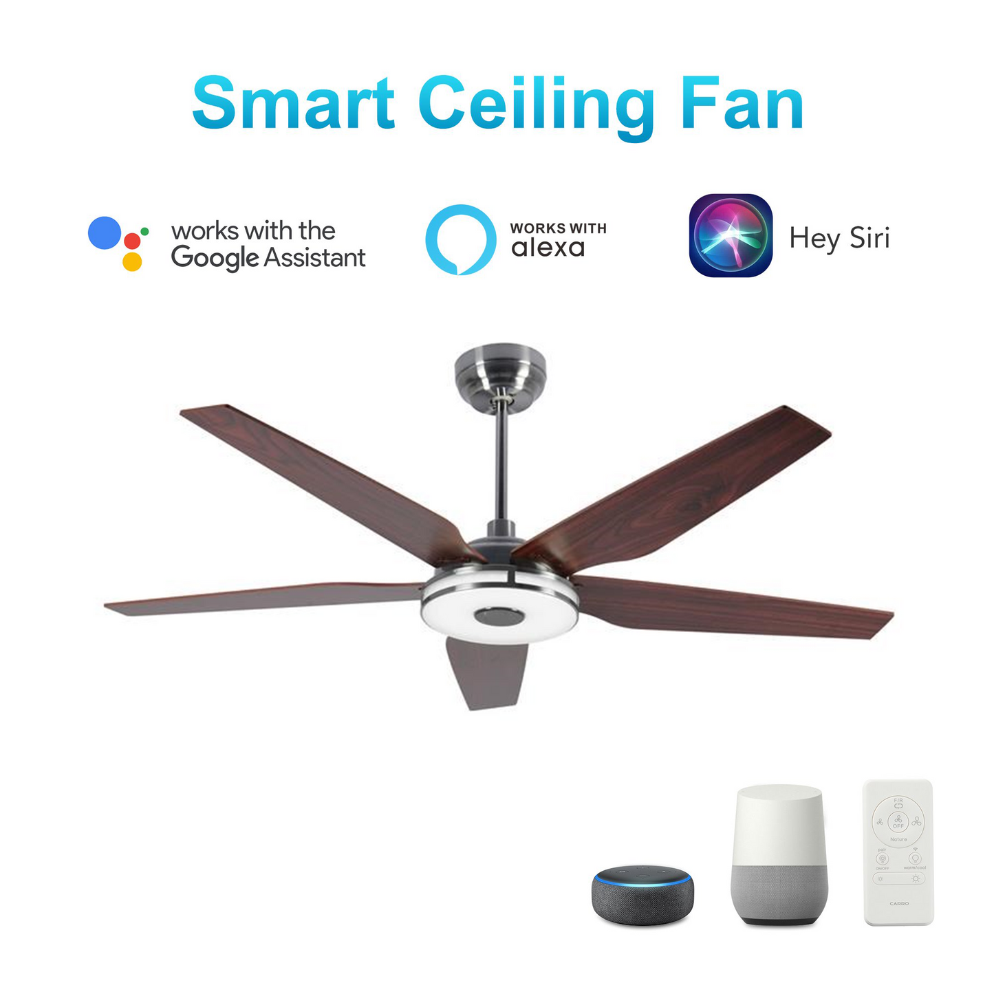 Explorer 56" (5-Blade) Best Smart Ceiling Fan w/ LED Light & Remote, Silver/Wood Grain Pattern Finish, Alexa/Google Home/Siri Compatible