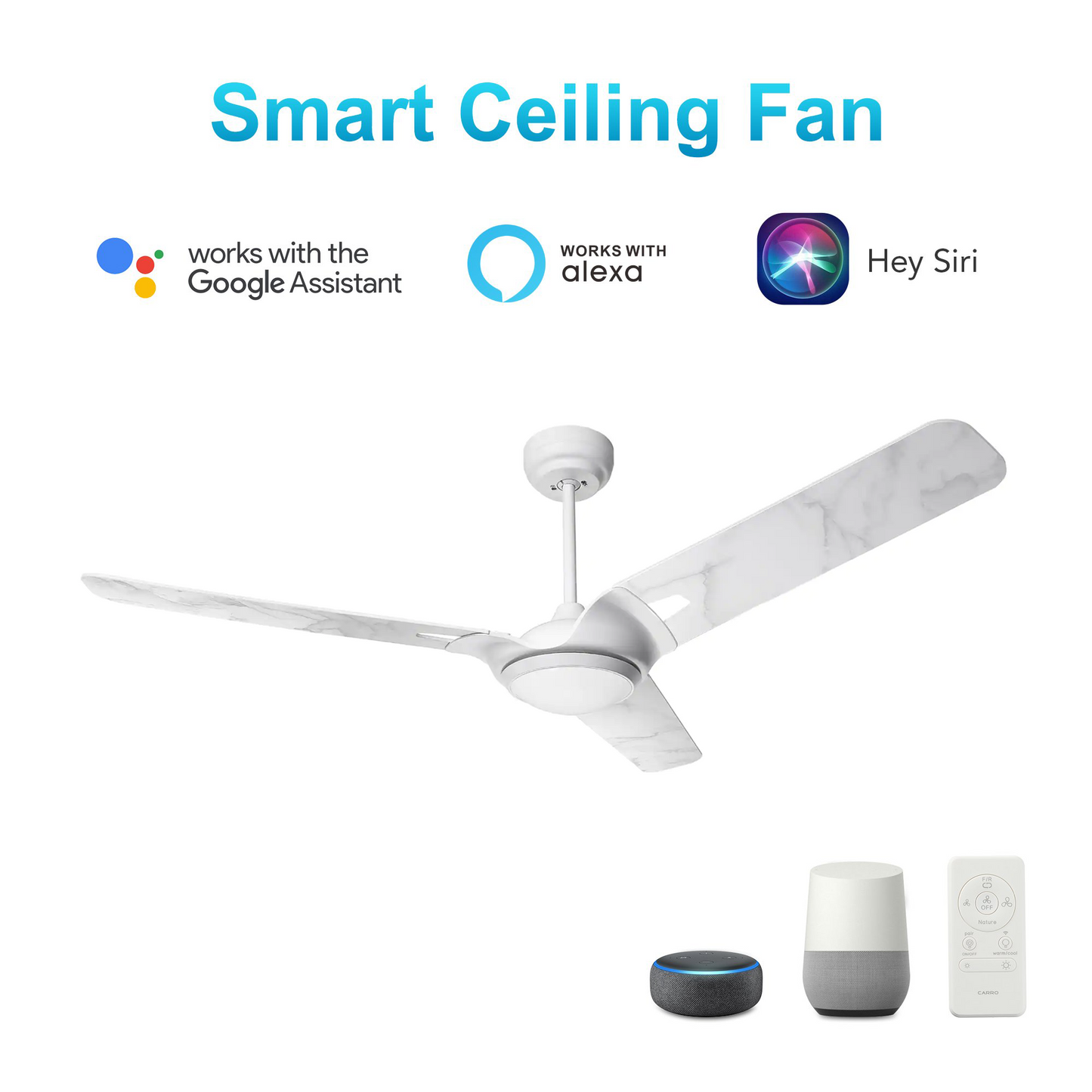 Innovator 52 in. Indoor/Outdoor Best Smart Ceiling Fan w/ LED Light, White/Marble Pattern Finish, Works w/ Alexa/Google Home/Siri