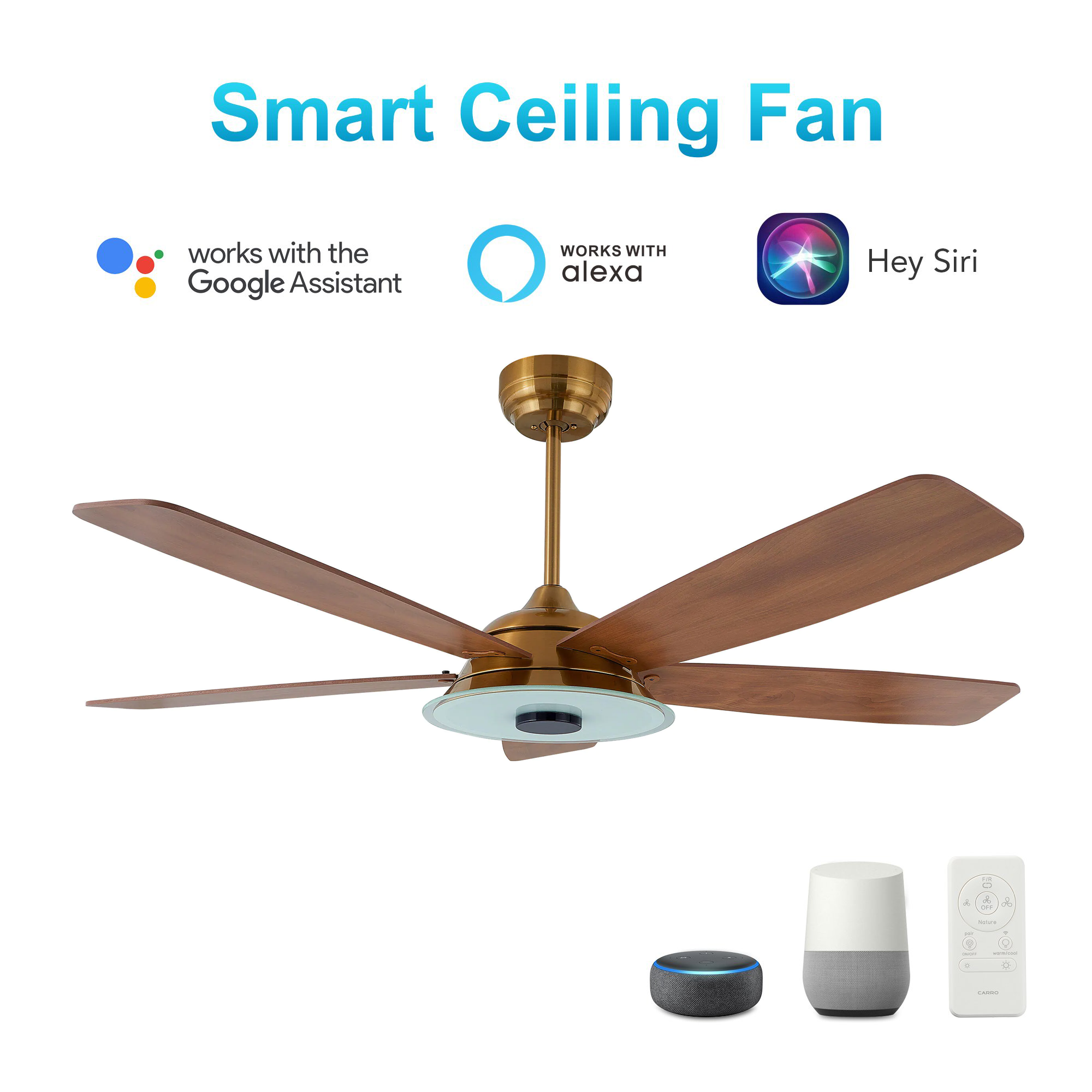 Striker 52 in. 5-Blade Best Smart Ceiling Fan with Dimmable LED Light, Gold/Wood Grain Finish, Works w/ Remote Control/Alexa/Google Home/Siri