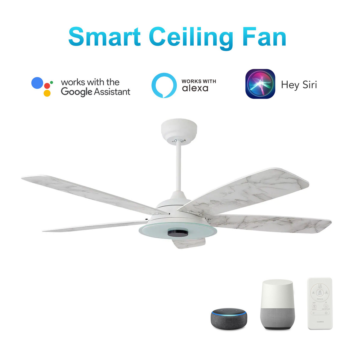 Striker 52 in. 5-Blade Best Smart Ceiling Fan with Dimmable LED Light, White/Marble Pattern, Works w/ Remote Control/Alexa/Google Home/Siri