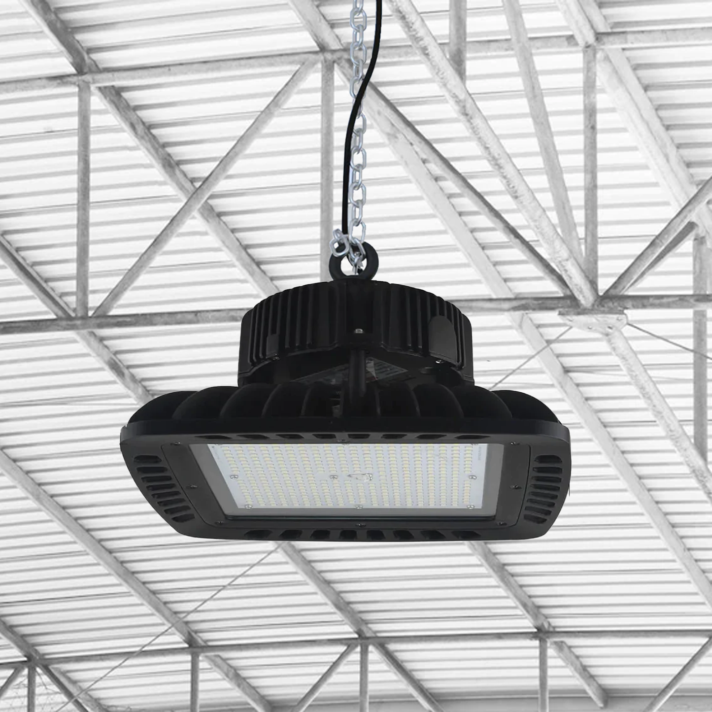 240W Square UFO LED High Bay Light 5700K 34,800LM AC100-277V Black, UL, DLC Listed, 1-10V Dimmable, IP65, For Garage Factory Warehouse Gym Barn Workshop
