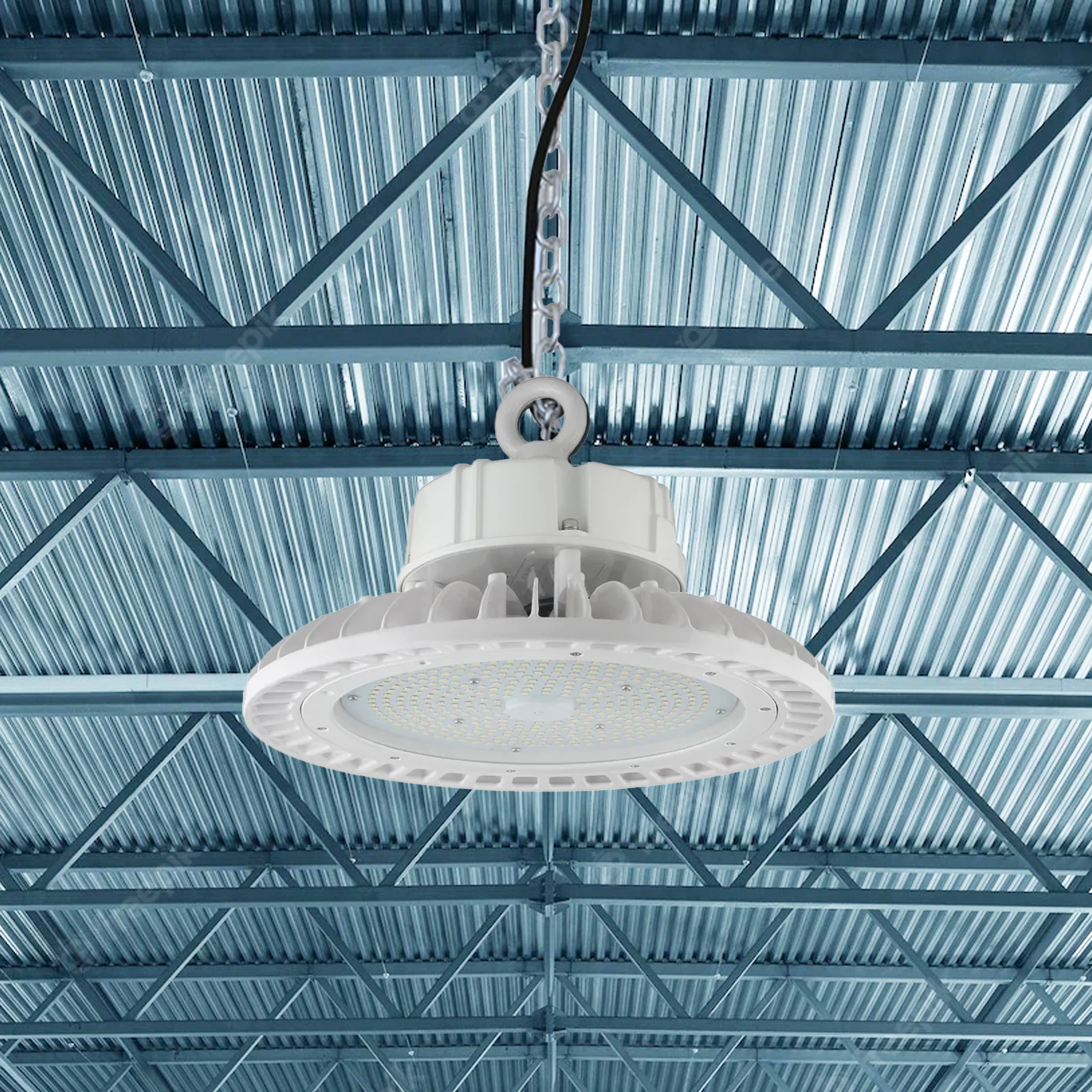 UFO LED High Bay Light 150W, 5700K Daylight White, 21750LM, UL, DLC Listed, AC100-277V, 1-10V Dimmable, White, For Warehouse Barn Airport Workshop Garage Factory
