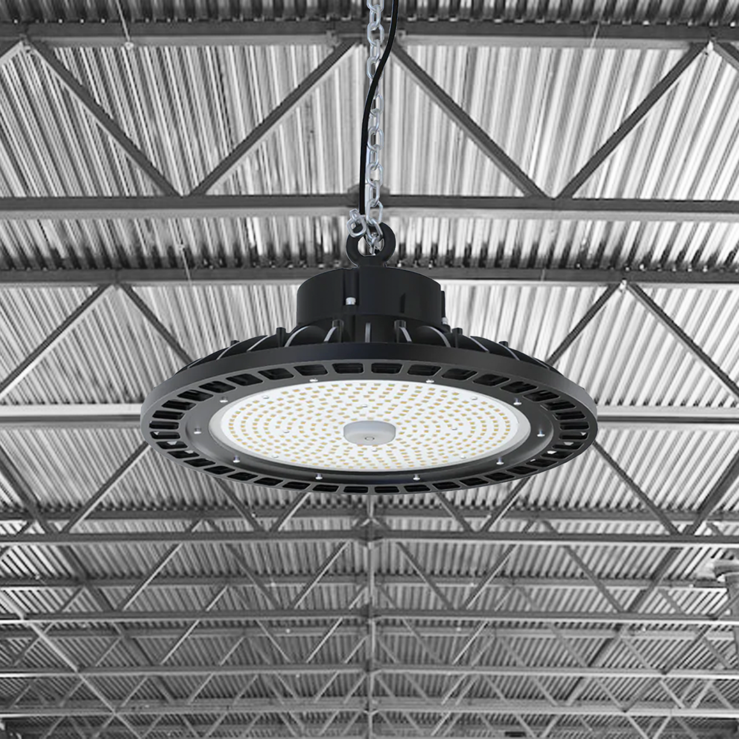 200 Watt UFO High Bay LED Lights 4000K, AC120-277V, DLC Premium, Black, Dimmable, IP65, For Factory, Workshop, Barn, Warehouse, Garage, Commercial Shop